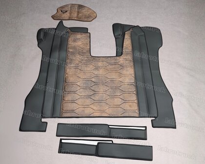 SALE! 6-delige set tunnelhoes, vloermatten (LUXE/DRAAIENDE STOEL), stuurkolomhoes en onder de stoel covers voor SCANIA R next. gen. in gladde zwarte lederlook L1 met groot horizontaal PRIT-patroon in chocoladebruin T24. Met chocoladebruin stiksels. Logo optioneel.