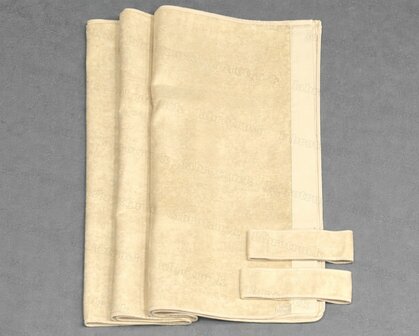 OP VOORRAAD &ndash; ACTIEPRIJS ✅: Zijgordijnen ALCANTARA PLUS met LEDERLOOK RAND, beige SP48 / beige L48 met standaard embrasses (maat: 90 cm)