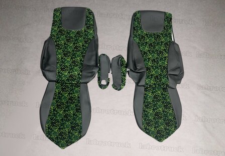 SALE! Set stoelhoezen geschikt voor DAF EURO 6 -LUXE-STOEL- glad lederlook zijkanten : zwart L1 middenstuk: deens groen, zwarte stiksels.