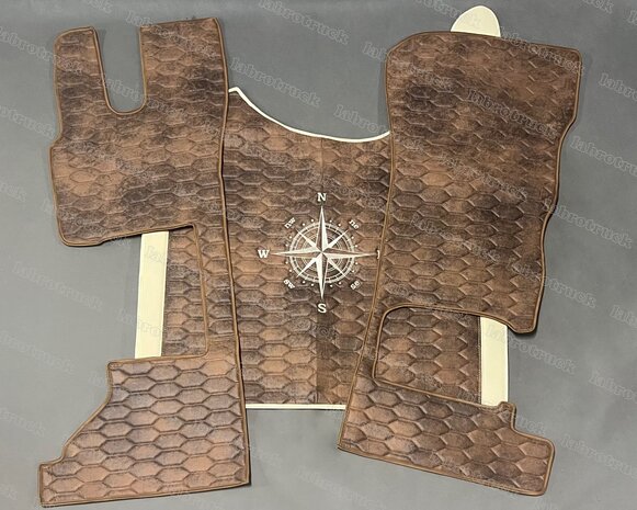 ACTIE! Set tunnelhoes met vloermatten geschikt voor DAF XG/XG+, zijkanten glad beige L48, middenstuk prit patroon horizontaal bruin TH4. Vloermatten prit patroon horizontaal bruin TH4 (let op! passagier is een klapstoel).
