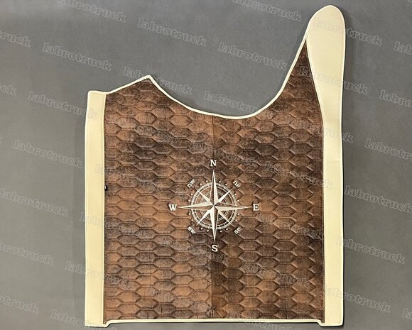 ACTIE! Set tunnelhoes met vloermatten geschikt voor DAF XG/XG+, zijkanten glad beige L48, middenstuk prit patroon horizontaal bruin TH4. Vloermatten prit patroon horizontaal bruin TH4 (let op! passagier is een klapstoel).