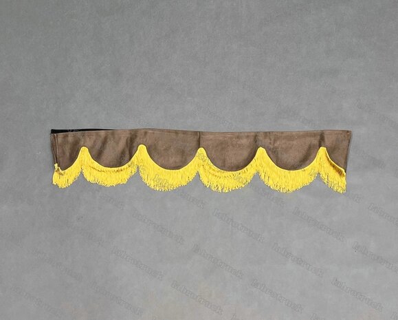 OP is OP Raamband /voorraamstrook TYPE 1, Kleur: chocobruin SP 24 met enkel goud/honingkleurige lange viscose franjes 8 cm
