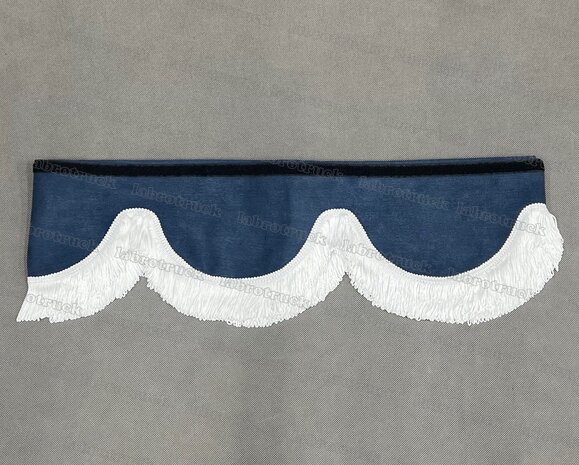 OP IS OP Raamband /voorraamstrook TYPE 1, Kleur: oud donkerblauw SP11  met WITTE dubbel viscose franje 5 cm F50-1
