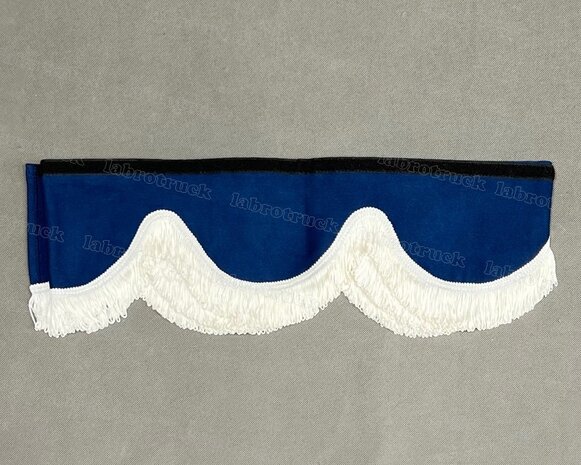 SALE : Raamband /voorraamstrook TYPE 1, Kleur: donkerblauw SP18 met 5 cm dubbel GEBROKEN WIT FRANJES 