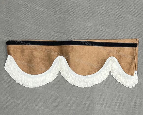 SALE : Raamband /voorraamstrook TYPE 1, Kleur: bruin SP4 met 5 cm dubbel GEBROKEN WIT FRANJES 
