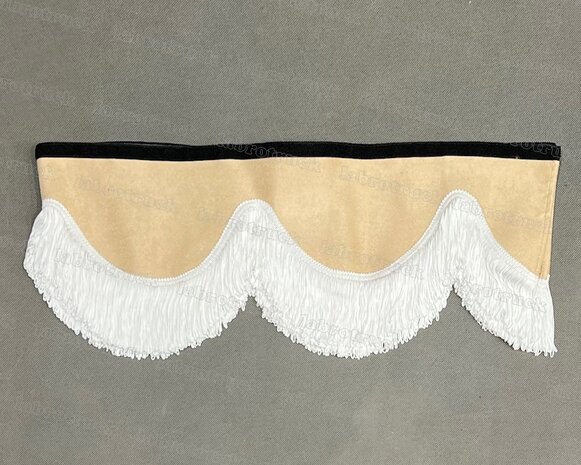 SALE : Raamband /voorraamstrook TYPE 1, Kleur: oud beige SP48 met 8 cm dubbel GEBROKEN WIT FRANJES 