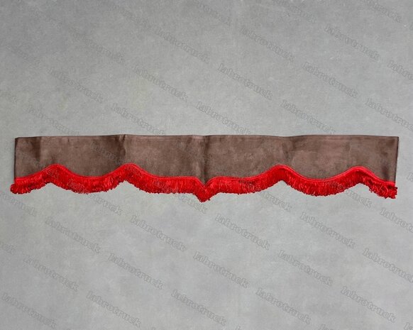 SALE : Raamband TYPE 3, Kleur: chocoladebruin SP21 met dubbel 5 cm franjes in bordeauxrood F50-6