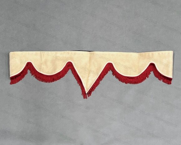 OP is OP Raamband TYPE 4, Kleur: OUDE beige met bordeauxrood enkel viscose franjes 5 cm