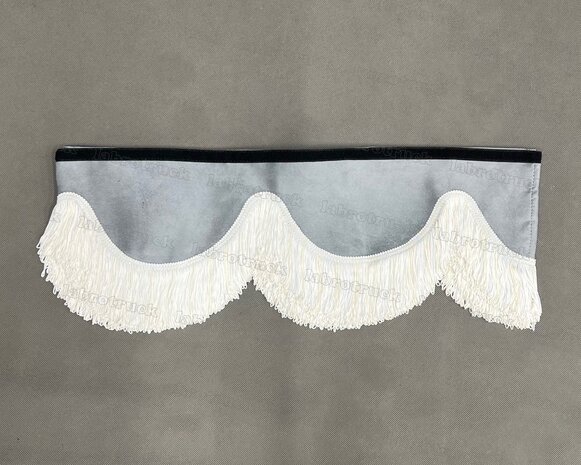 SALE : Raamband /voorraamstrook TYPE 1, Kleur: licht grijs SP16 met dubbel GEBROKEN WIT FRANJES