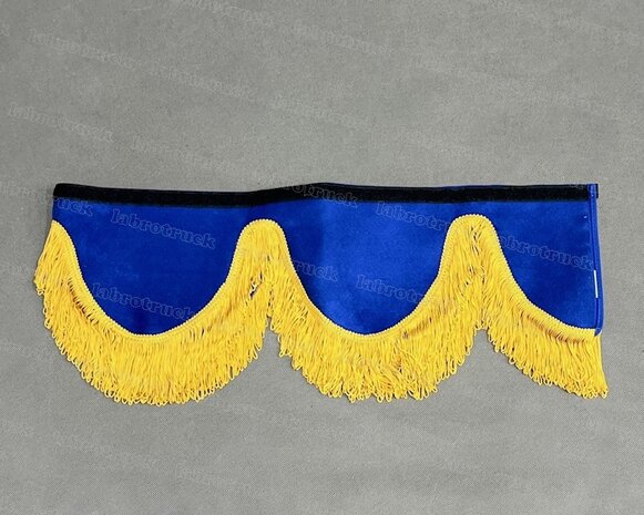 OP is OP Raamband /voorraamstrook TYPE 2, Kleur: oud kobaltblauw met enkel goud-honing viscose franjes van 8 cm