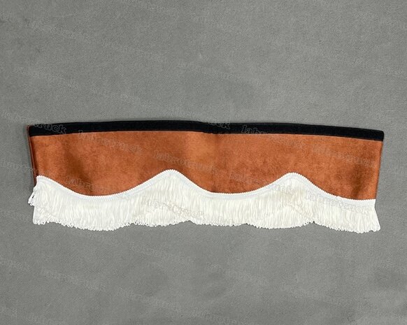 SALE : Raamband /voorraamstrook TYPE 8, Kleur: cognacbruin SP3 met 5 cm dubbel GEBROKEN WIT FRANJES 