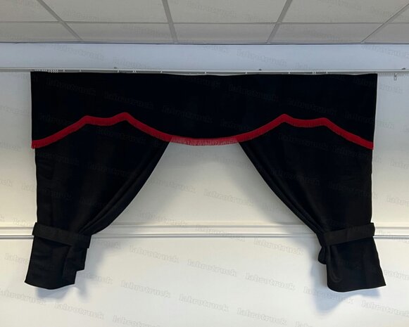 OP IS OP! Tussengordijn CLASSIC 170 cm kleur zwart SP1 met korte rode franjes F50-13. Embrasses zonder franjes.