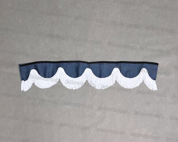 Dit is een uitverkoopkleur Kleur SP11.  Raamband /voorraamstrook TYPE 1,  donkerblauw SP 11 met dubbel lange viscose franje 8 cm
