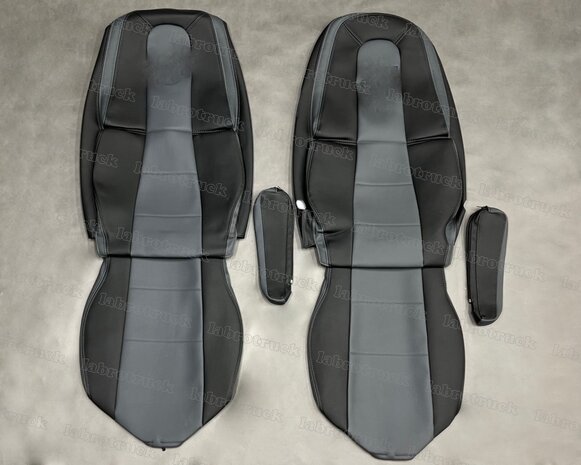 SALE! Set stoelhoezen geschikt voor VOLVO FH4/5, volledig glad lederlook, zijkanten zwart L1, middenstuk antraciet L17 met zwarte borduring en antraciet stiksels.