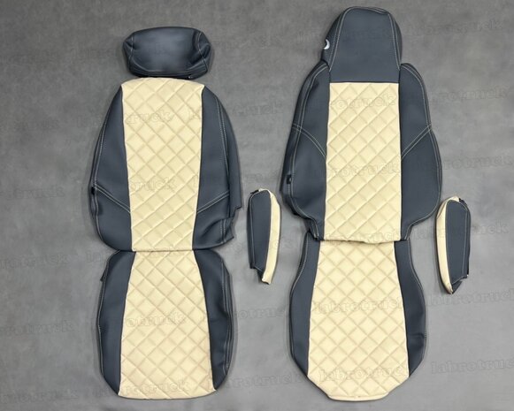 SALE! Stoelhoezen geschikt voor SCANIA MODEL 3 na 2013 passagiersstoel een KLAPSTOEL  - Zijkanten: antraciet L17, middenstuk vierkantjes: oud beige P8, stikseles: beige, met borduring.