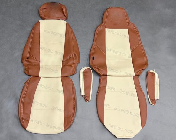 SALE! Stoelhoezen geschikt voor SCANIA MODEL 3 na 2013 passagiersstoel een KLAPSTOEL  - Zijkanten: oud cognacbruin L3, middenstuk: oud beige L8, stikseles: beige, borduring: beige