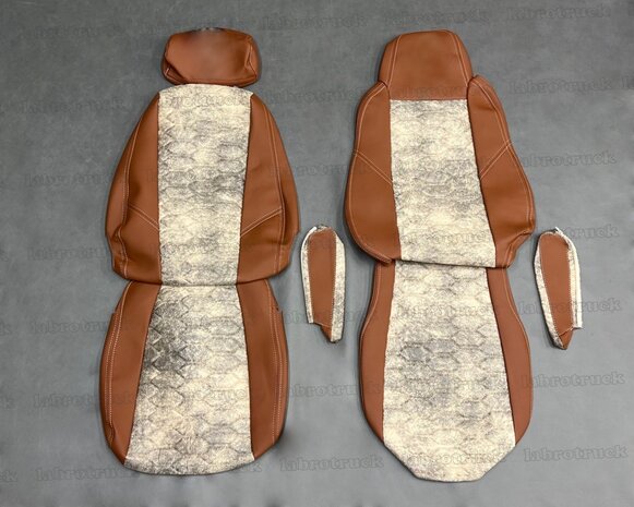 SALE! Stoelhoezen geschikt voor SCANIA MODEL 3 na 2013 passagiersstoel een KLAPSTOEL  - Zijkanten: cognacbruin L3, middenstuk: PRIT patroon horizontaal beige TH48, stikseles: beige, borduring: beige