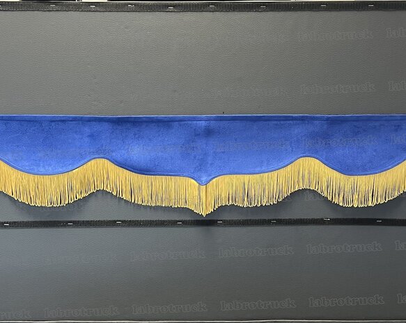 SALE : Raamband /voorraamstrook TYPE 3, Kleur: oud kobaltblauw SP7 met enkel goud/honing franjes F80-4