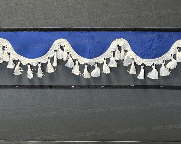 SALE : Raamband /voorraamstrook TYPE 1, Kleur: oud kobaltblauw SP7 met witte katoenen kwasten