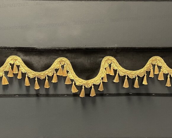 SALE : Raamband /voorraamstrook TYPE 6, Kleur: zwart SP1 met goud/honingkleur luxe kwasten