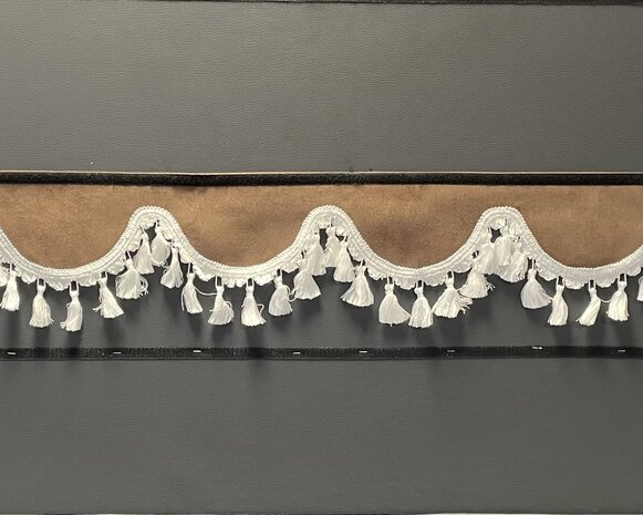 SALE : Raamband /voorraamstrook TYPE 1, Kleur: chocobruin SP24 met witte katoenen kwasten