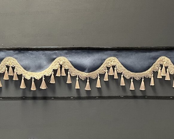 SALE : Raamband /voorraamstrook TYPE 1, Kleur: oud donkerblauw SP11 met beige/zand luxe kwasten