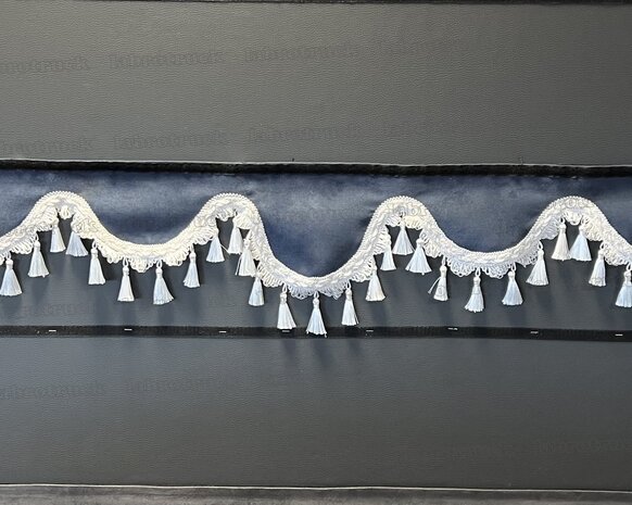 SALE : Raamband /voorraamstrook TYPE 6, Kleur: oud donkerblauw SP11 met witte luxe kwasten