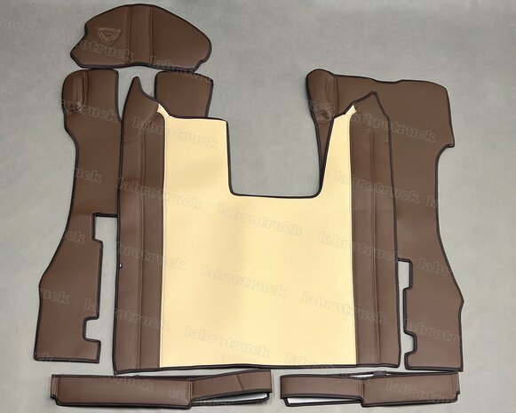 💥OP is OP! 6 delige set tunnelhoes, vloermatten (KLAPSTOEL), stuurkolom en onder de stoel covers geschikt voor SCANIA R next generation, chocoladebruin L21 met  cappuccino L5, borduring optioneel