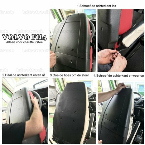 SALE! Set stoelhoezen geschikt voor VOLVO FH5 / AERO / FH4 &ndash; Zijkanten zwart lederlook L1, middenstuk rood Deens pluche, zonder logo