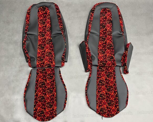 SALE! Set stoelhoezen geschikt voor VOLVO FH5 / AERO / FH4 &ndash; Zijkanten zwart lederlook L1, middenstuk rood Deens pluche, zonder logo