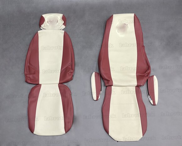 💥OP is OP! Set stoelhoezen geschikt voor Scania MODEL 2 lage gordel na 2013 passagiersstoel een KLAPSTOEL - zijkanten: bordeauxrood L10, middenstuk: cremé L46, cremé stiksels en bordeauxrood logo.