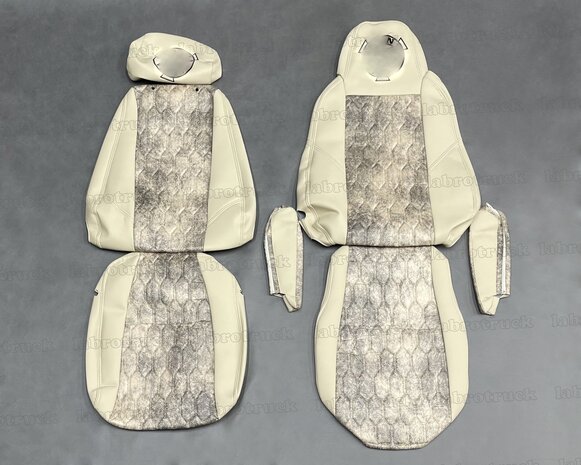 💥OP is OP! Set stoelhoezen geschikt voor SCANIA MODEL 3 na 2013 passagiersstoel een KLAPSTOEL  - Zijkanten: beige L8, middenstuk: PRIT patroon horizontaal beige TH48, stikseles: beige, borduring: zwart