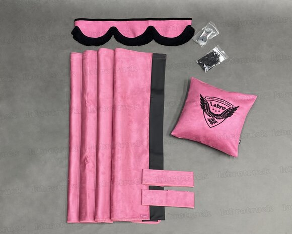 ACTIE! set zijgordijnen roze SP12 met zwart lederlook rant L1+ raamband type 1. Labro tas of sierkussen naar keuze