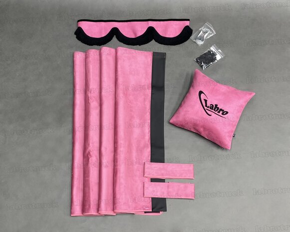 ACTIE! set zijgordijnen roze SP12 met zwart lederlook rant L1+ raamband type 1. Labro tas of sierkussen naar keuze