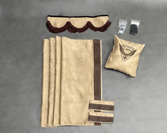 ACTIE! set zijgordijnen cappuccino SP5 met chocoladebruin lederlook rant L21 + raamband type 1. Labro tas of sierkussen naar keuze