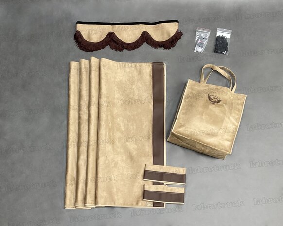 ACTIE! set zijgordijnen cappuccino SP5 met chocoladebruin lederlook rant L21 + raamband type 1. Labro tas of sierkussen naar keuze