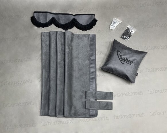 ACTIE! set zijgordijnen antraciet SP17 met antraciet prit rant T17 + raamband T17  type 1 . Labro tas of sierkussen naar keuze