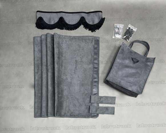 ACTIE! set zijgordijnen antraciet SP17 met antraciet prit rant T17 + raamband T17  type 1 . Labro tas of sierkussen naar keuze