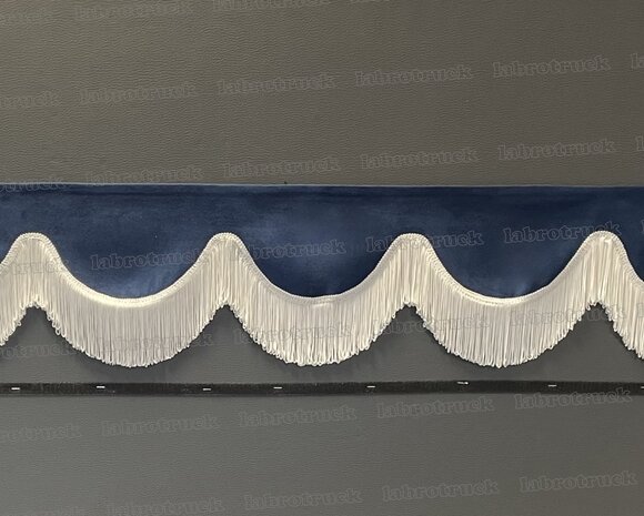 SALE: Raamband TYPE 1, Kleur: donkerblauw SP 18 met dubbel witte franjes F80-1