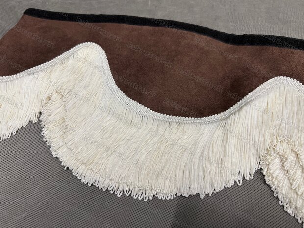 SALE : Raamband /voorraamstrook TYPE 1, Kleur: chocoladebruin SP21 met dubbel GEBROKEN WIT FRANJES