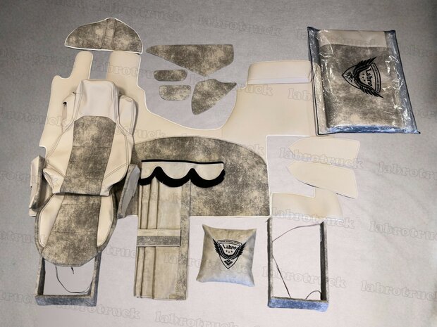 OP VOORRAAD &ndash; ACTIEPRIJS ✅Volledige interieurbekleding geschikt voor MERCEDES ACTROS MP5/L  (voor een vaste stoel), glade lederlook, steenbeige L41middenstuk met prit stof T41 ,Stuurkolom met prit T41 logo optioneel. 